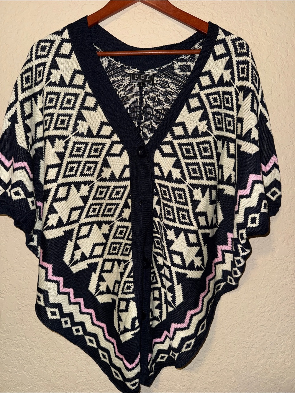 POL Black, Cream & Pink Geometric Knit Poncho Cardigan